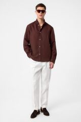 A25Y10140 KAHVE Keten Karışımlı Yaka Düğmeli Erkek Gömlek