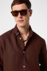 A25Y10140 KAHVE Keten Karışımlı Yaka Düğmeli Erkek Gömlek