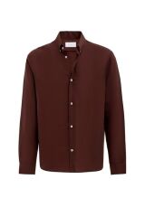 A25Y10140 KAHVE Keten Karışımlı Yaka Düğmeli Erkek Gömlek