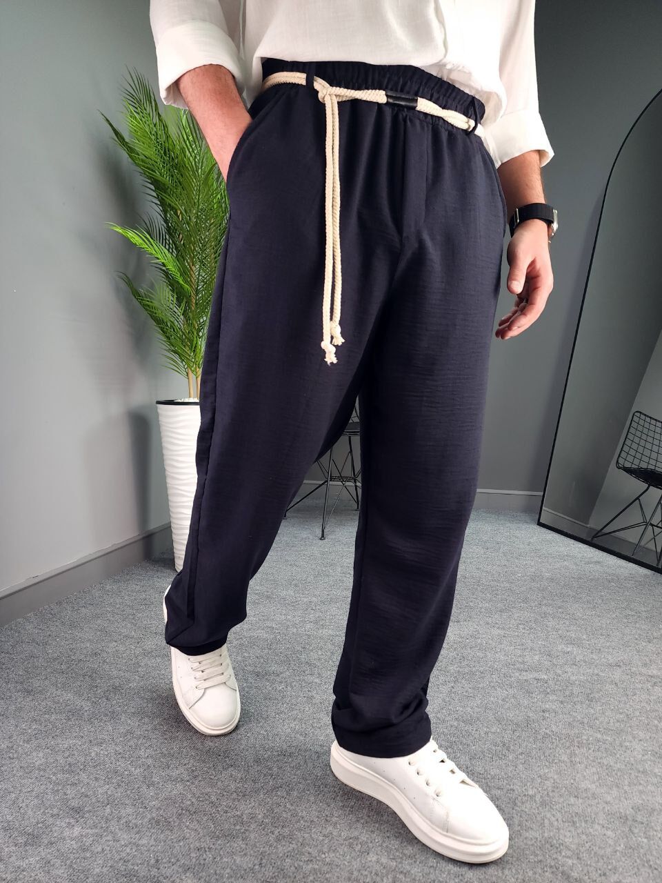 AG-Y23098LNS LACİVERT HALAT DETAYLI BAGGY KETEN PANTOLON