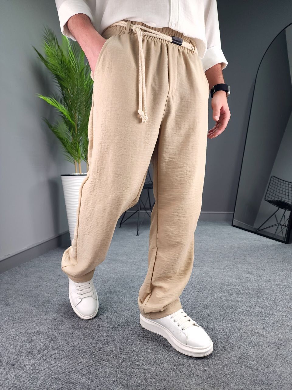 AG-Y23098LNS BEJ HALAT DETAYLI BAGGY KETEN PANTOLON
