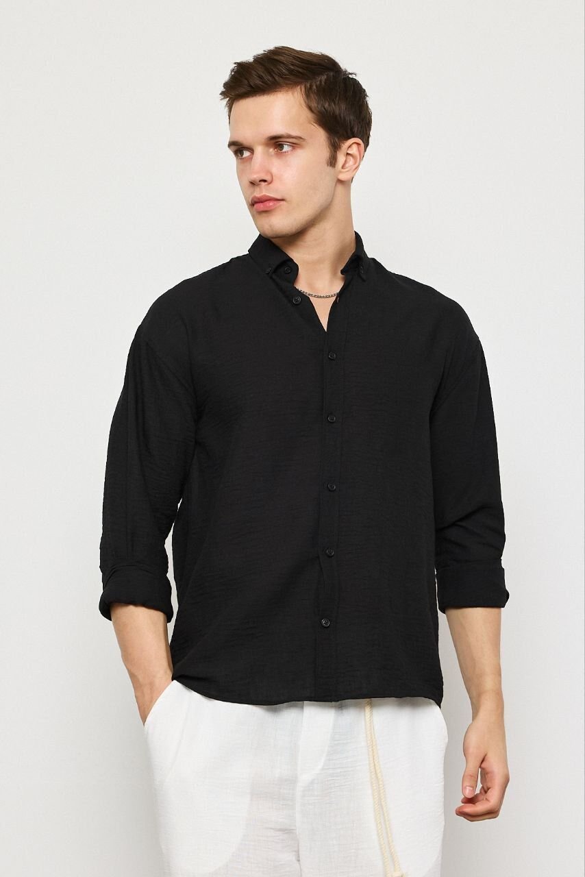 AG-Y19832LNS SİYAH KETEN GÖMLEK