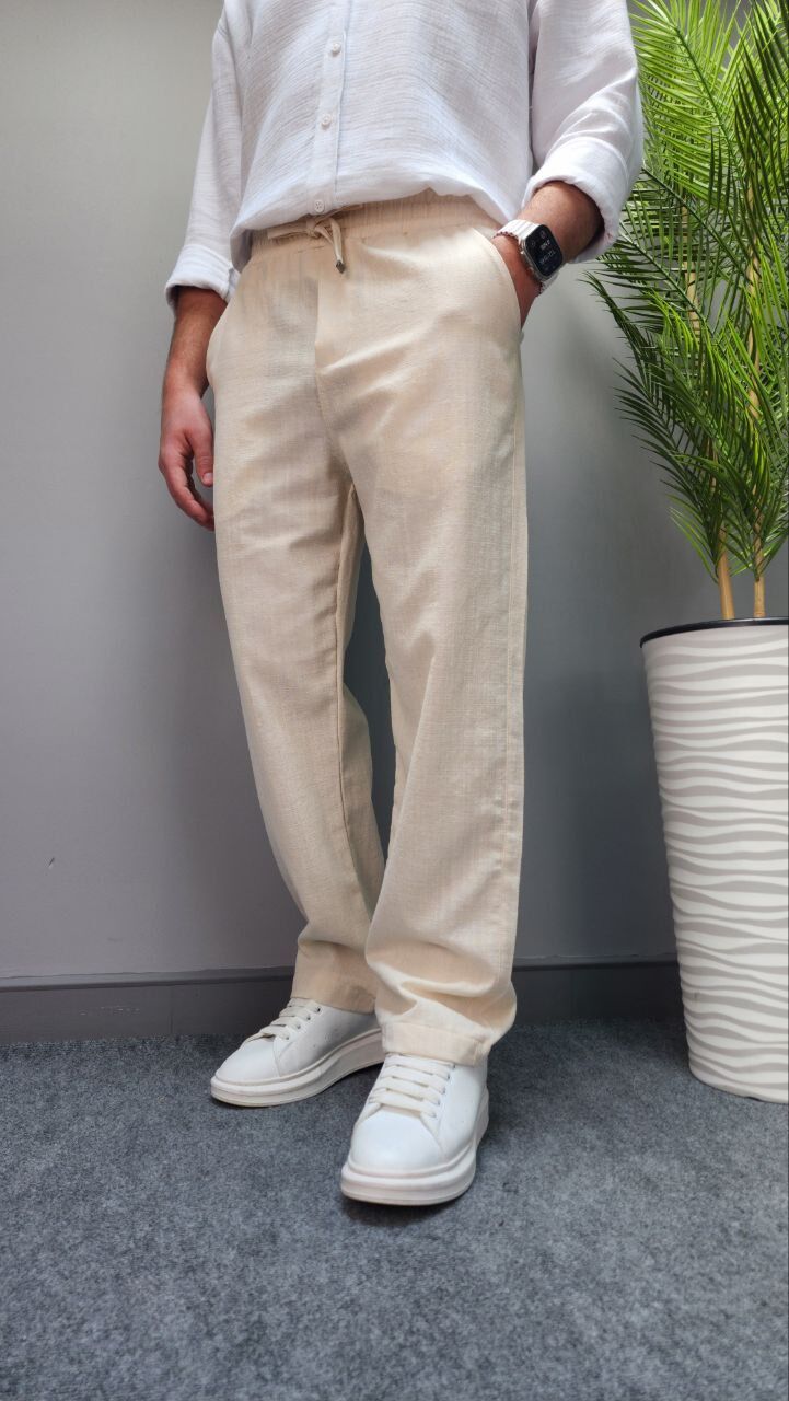 23103 BEJ KETEN BAGGY PANTOLON